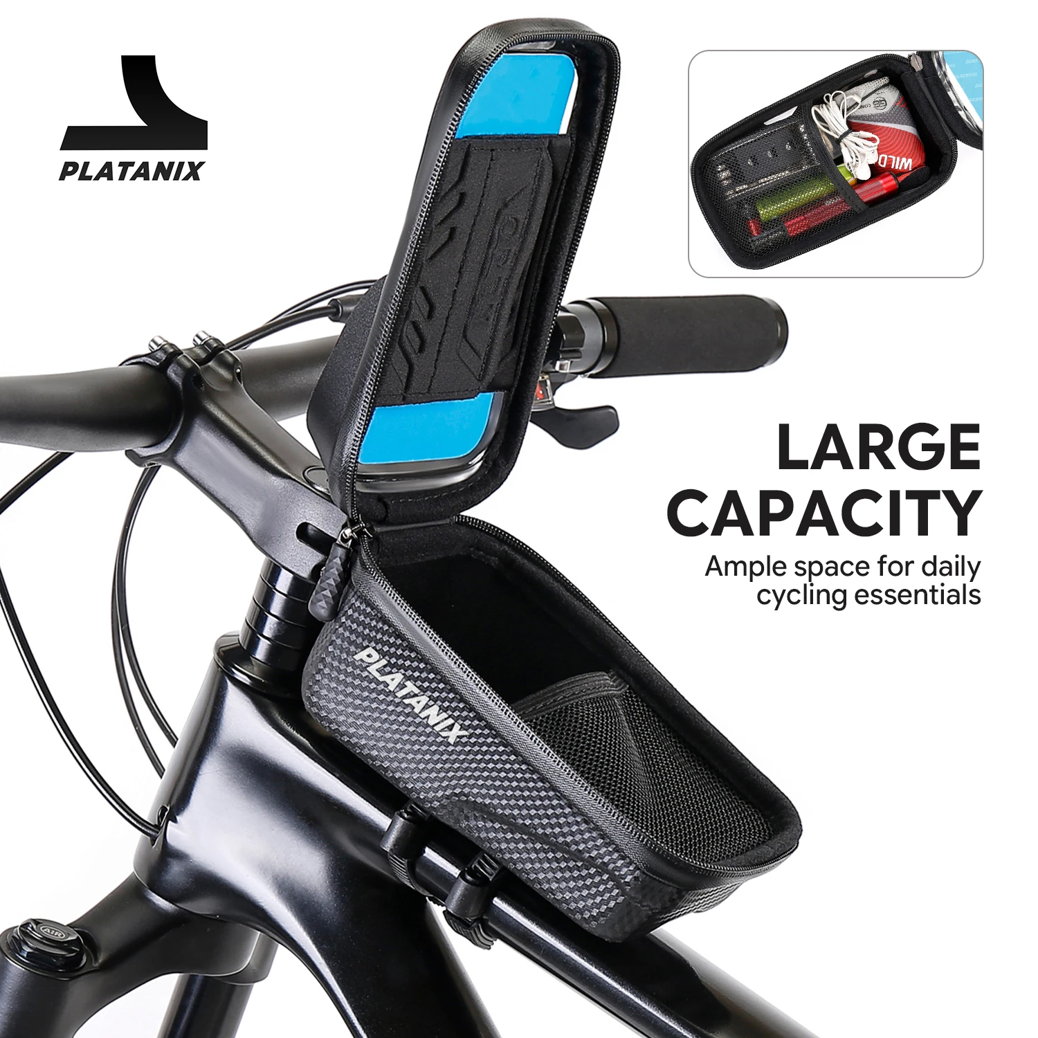 PLATANIX EVA Hard Shell Bike Top Tube Bag Quick Release Waterproof Frame Bag with Touch Screen Phone Case for MTB Road Bicycle