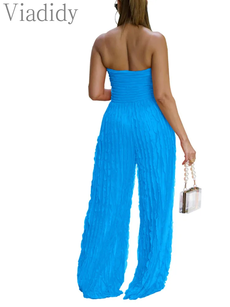 女性のセクシーなソリッドカラーのストラップレスフリルトリム装飾スキニーバックレスバンドゥワイドレッグジャンプスーツロンパース