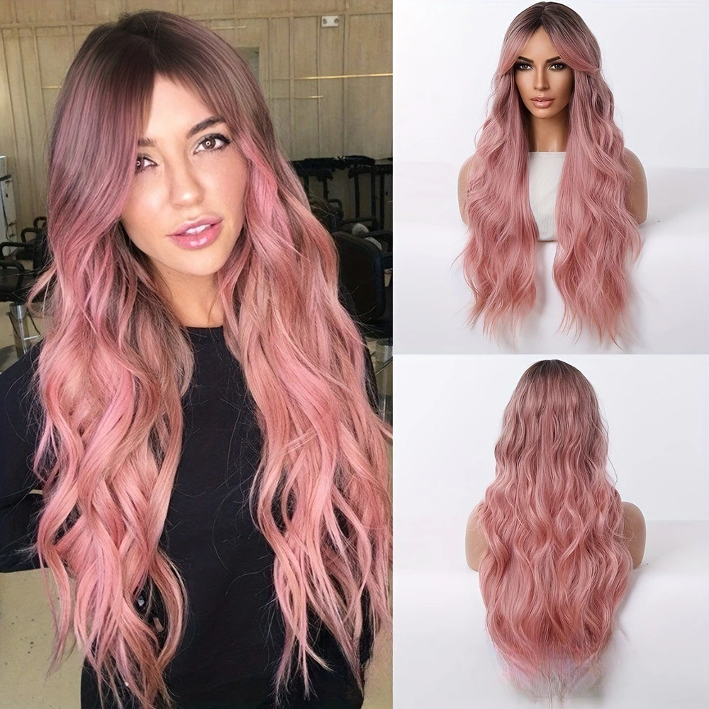 

26-Inch elegant ladies wig gradual change pink wavy long hair synthetic fiber rose mesh cap