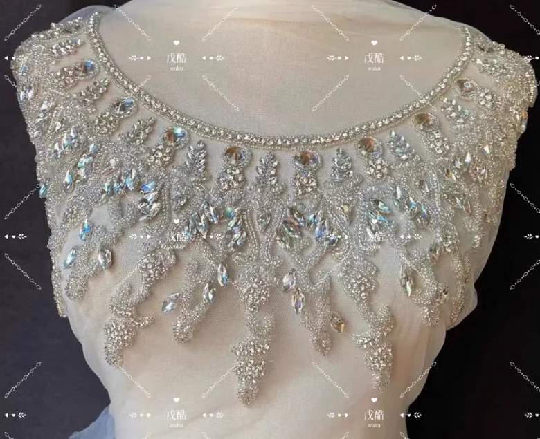 Hand-embroidered rhinestone crochet round neck bow tie