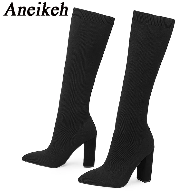 Aneikeh2024 Fashion Knitted Stretch Slip-On High BootsWomen's Pointed Thick Heels Modern Knee-High Long Boots Party Club Zapatos