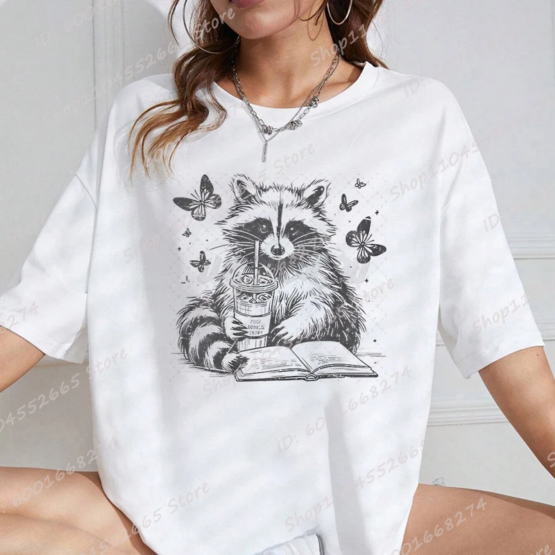 Oversized Tees Racoon Book Butterfly Print T-Shirt For Women Summer Short Sleeve Overszied Tee Shirt New Fashion Popular Clothes