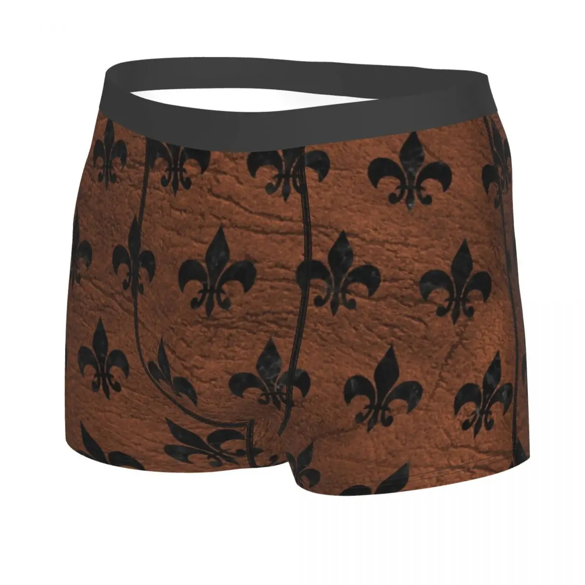 Custom Royal Black Marble Brown Leather Fleur De Lis Underwear Men Stretch Lily Flower Symbol Boxer Briefs