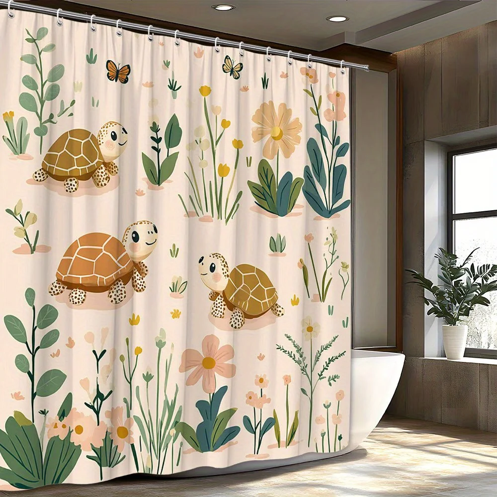 A Whimsical Garden Shower Curtain: Bring Joy and Playfulness into Your Bathroom with This Adorable Design Featuring Cute Turtles
