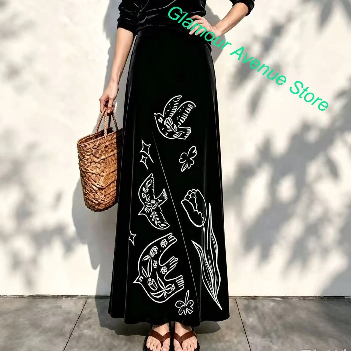 Chinese Retro Art Printing Gentle Thickening Knit Temperament Skirt Women's Autumn and Winter New Slim High Waist Long Skirt.