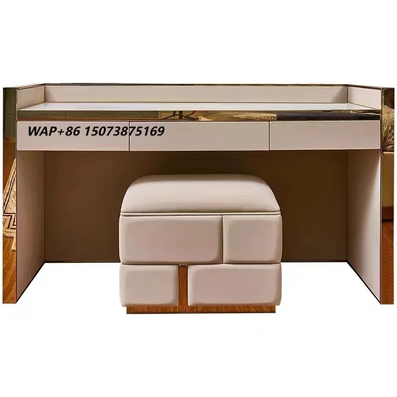 Light Luxury Dresser Table Metal Base Marble Top Leather Upholstered Makeup Table With Storage Cabinet