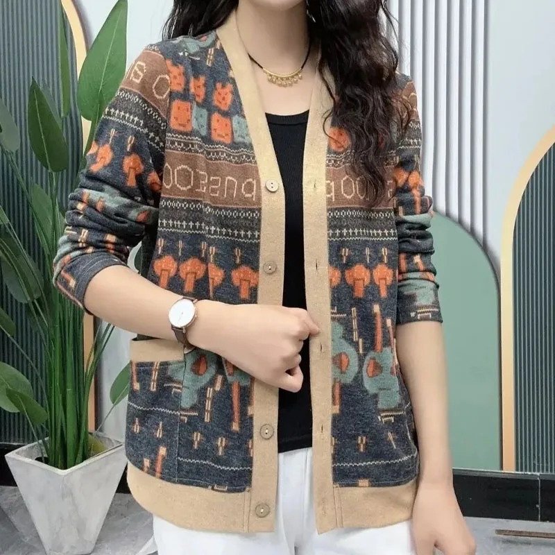 Spring Autumn Long Sleeve Fashion Printed Button Cardigan Female Casual Vintage Loose V-Neck Knitted Thin Tops Women\'s Clothing