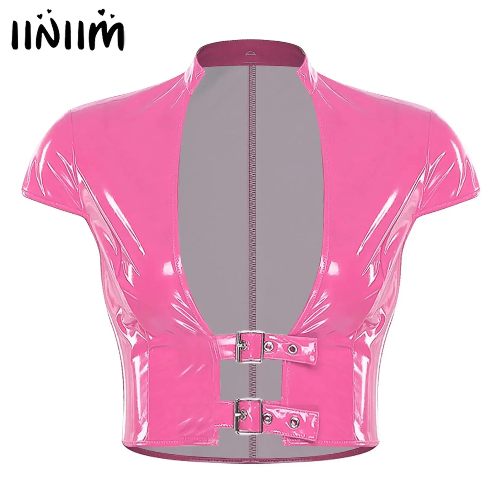 Womens Wet Look PU Leather Latex Crop Top Open Front with Adjustable Buckles Cap Sleeve Crop Corset Glossy Rave Disco Clubwear