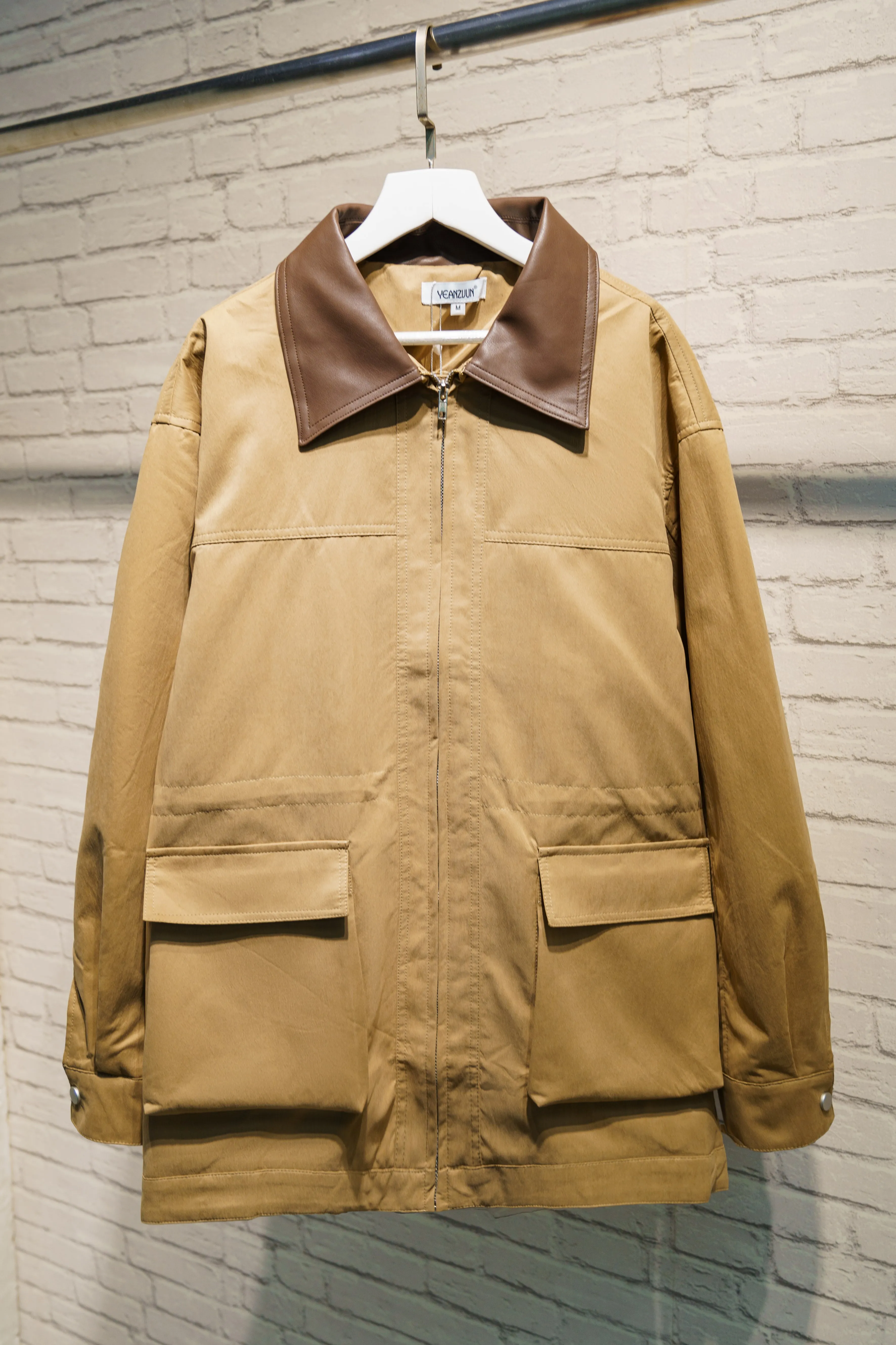 

Куртка цвета хаки, пальто, женская новинка 2023 года, осенняя мода, лоскутный воротник, карманы, эластичная талия, куртки на молнии, повседневная свободная верхняя одежда