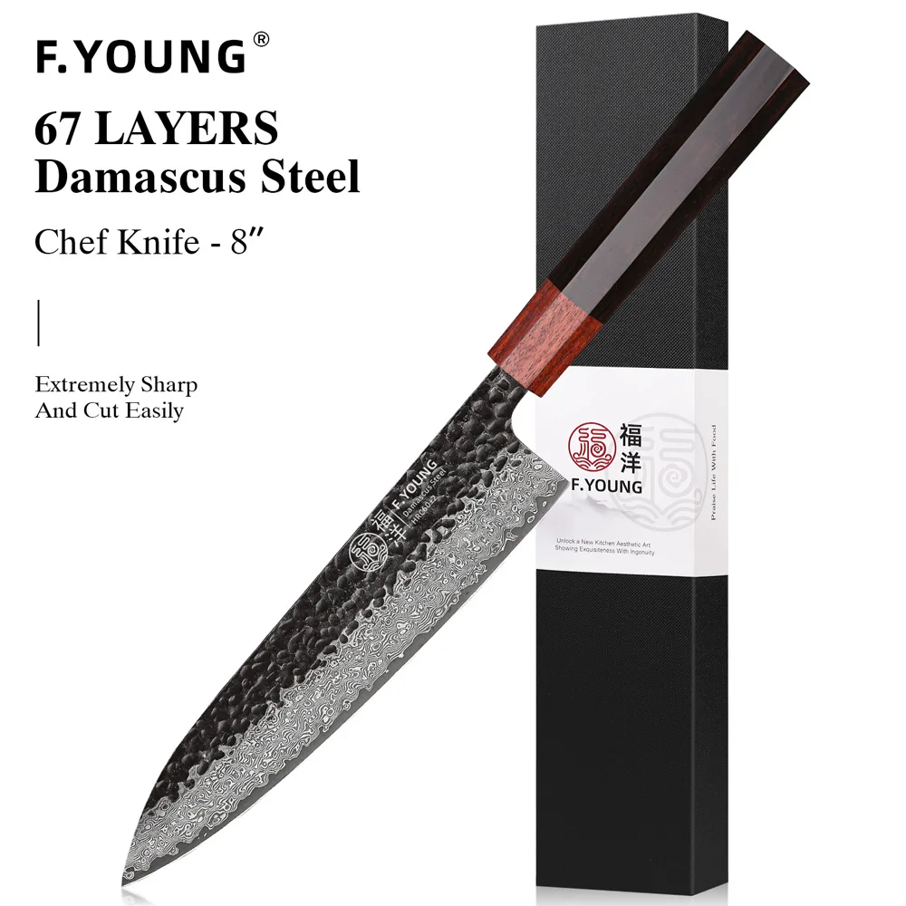 F.YOUNG Japanisches Kochmesser, Damaststahl, professionelle Küchenmesser, Fleischschneiden, Sashimi Utility, handgeschmiedete Kochutensilien 8