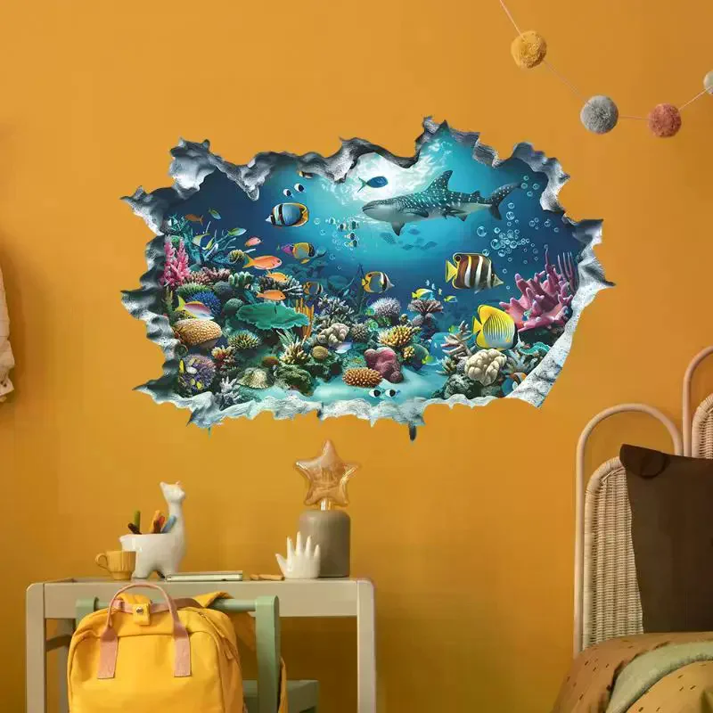 3D Wall Stickers Shark Broken Wall Aquarium Ocean Wall Stickers For Kids Room Bathroom Kitchen Home Decor