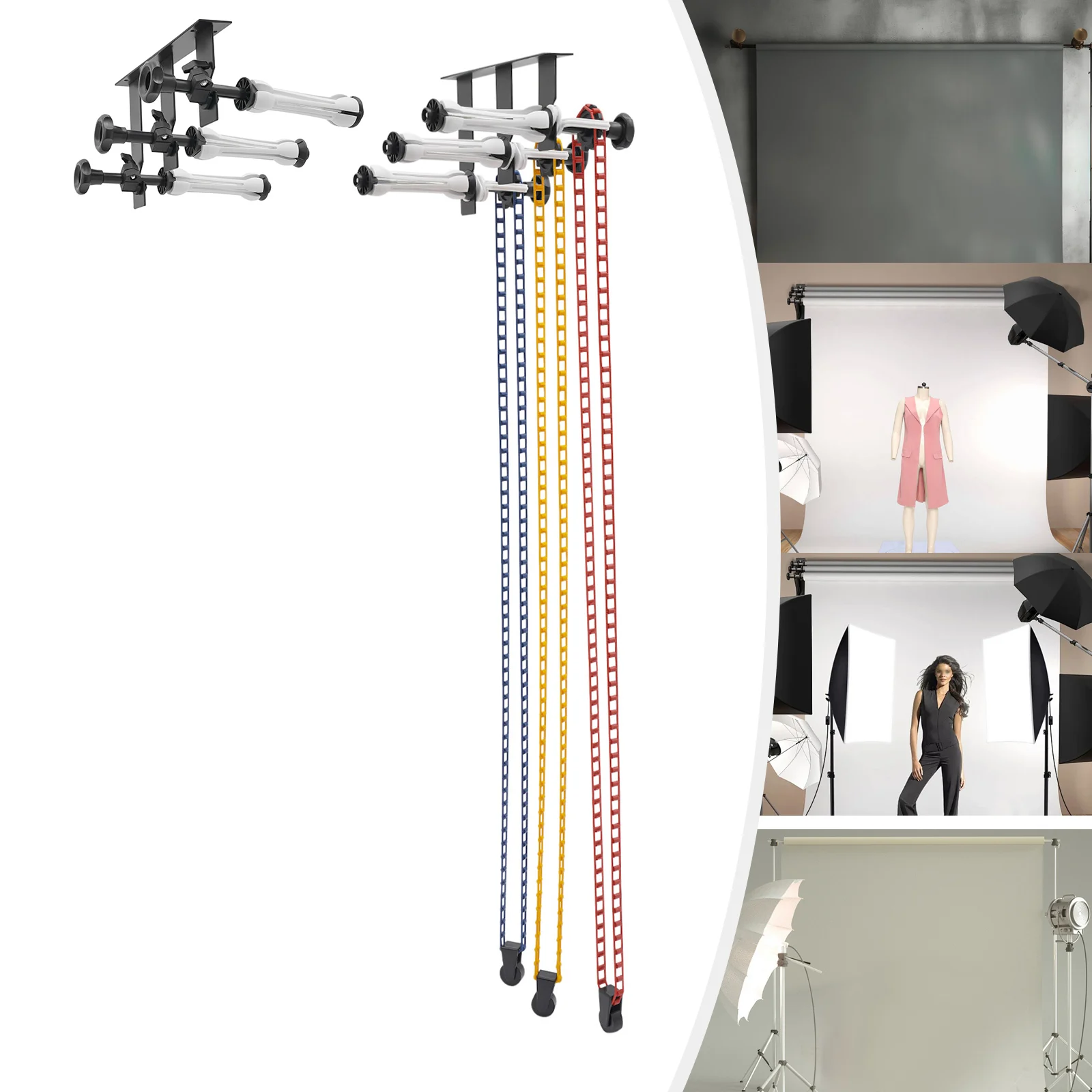 Fotografia 4: Sistema de Suporte de Fundo de 3 Eixos com Gancho e Elevação Manual para Cenários de Estúdio Fotográfico em Papel, Tecido e PVC - Kit de Suporte para Montagem em Teto e Parede