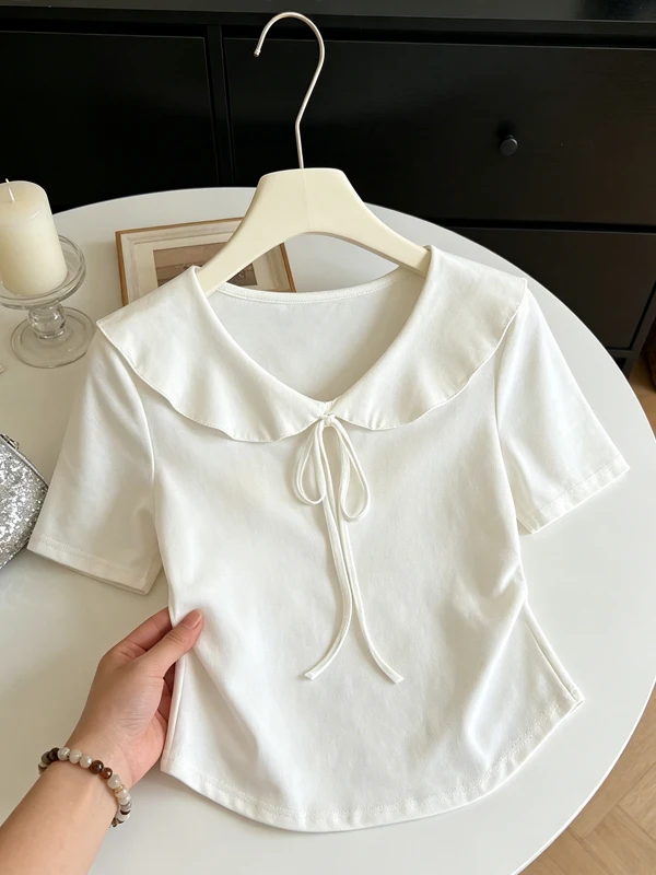 Sweet Doll Collar Short Sleeve Women's Top Waist Cinched Slim Fit Korean Style Commute Shirt plus Size Summer Fashion 2026