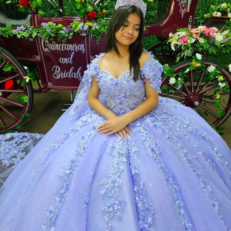 Lorencia-Vestido de baile brilhante de lavanda com capa e espartilho, vestido Quinceanera, apliques floridos 3D, miçangas rendadas, 15 anos, YQD552