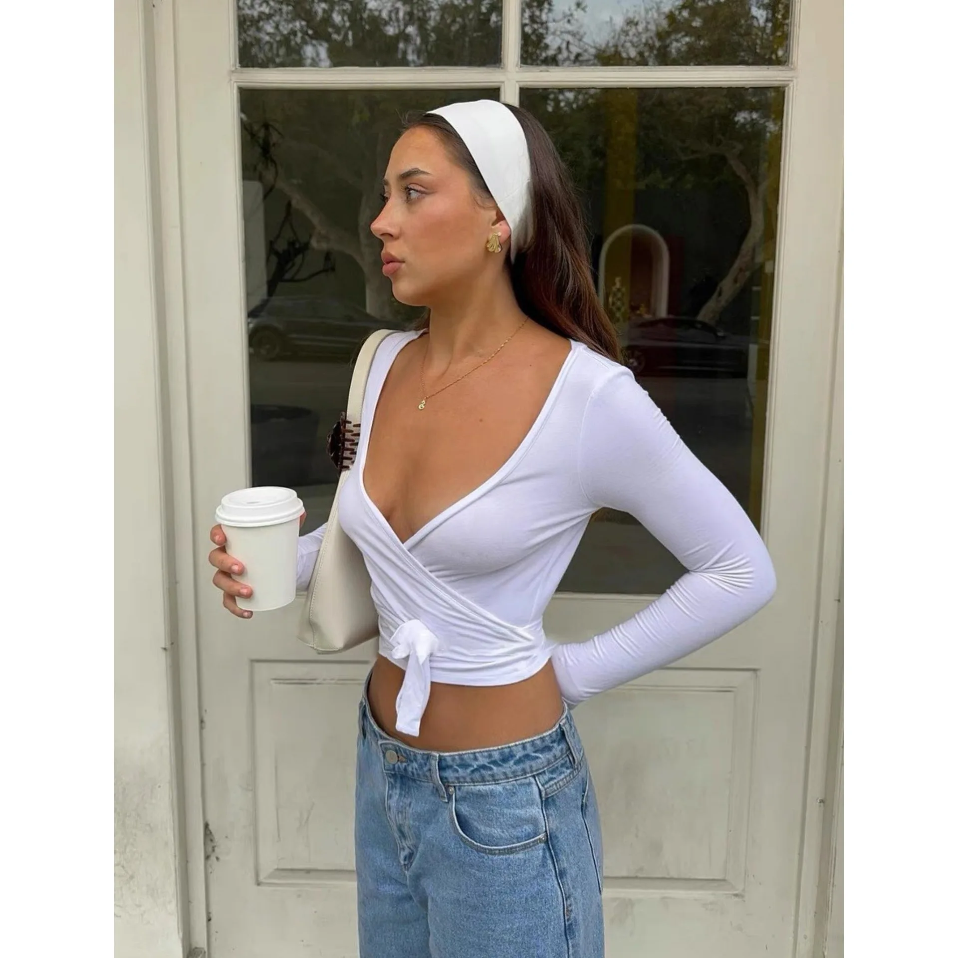 Damen-Crop-Top mit Kreuzwickel, Schnürung, langärmelig, tiefer V-Ausschnitt, einfarbig, Slim-Fit-Shirt, Yoga-Übung, Pilates-Shirt, T-Shirt