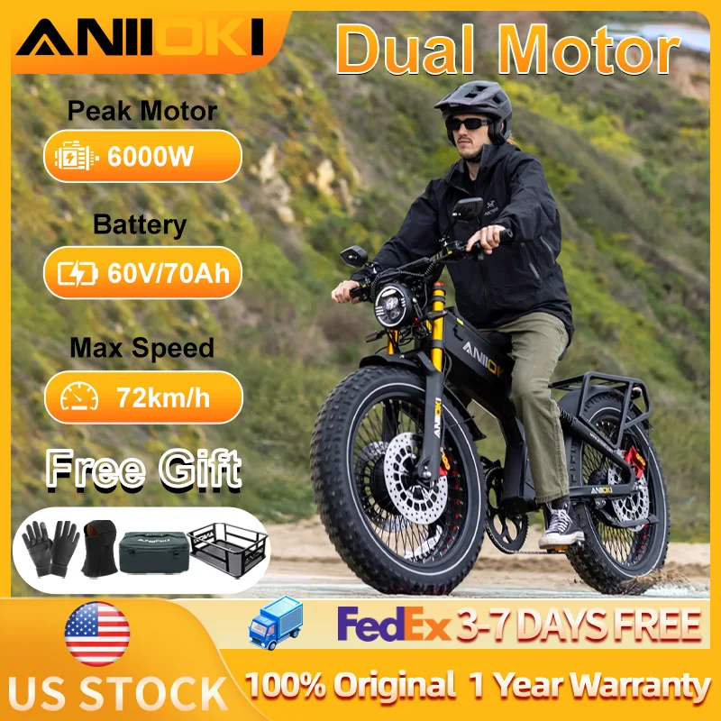 

ANIIOKI Electric Bike 6000W Dual Motor 60V 70Ah Battery 47mph A9 Pro Max AWD Fat Tires 26"*4.8" Suspension Air Fork