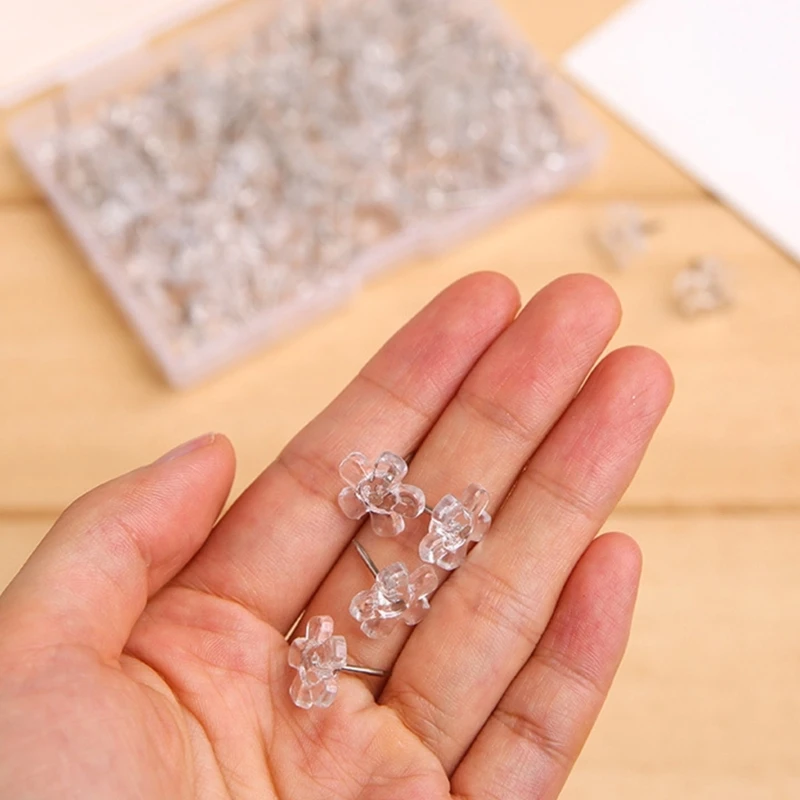 

96GE 100Pieces Clear Flower Push Pin for Office Bulletin Board Fabric Marking Picture Hanging Cork Notice Board Thumb Tacks