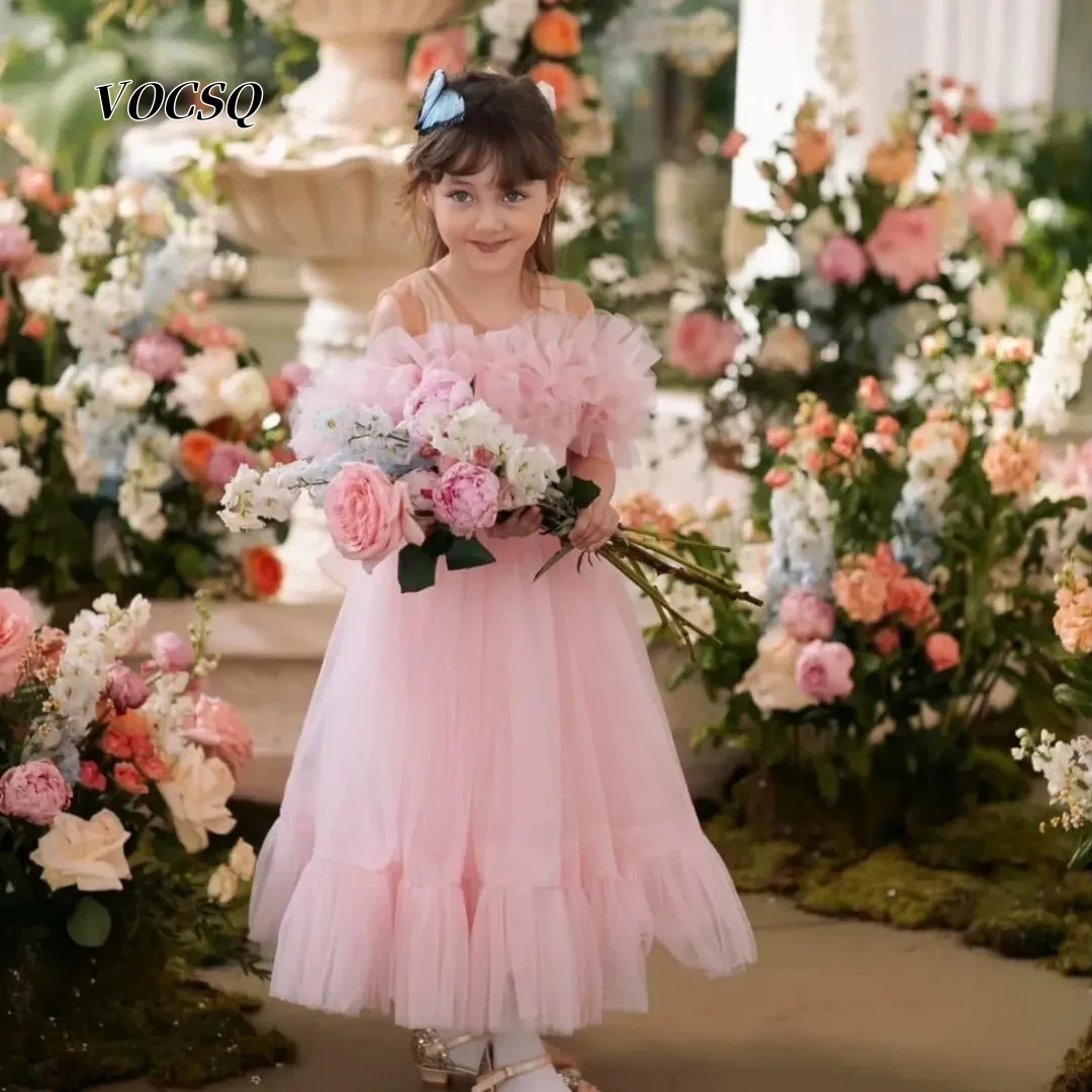 Flower Girl Dress Pink Birthday Pageant Dress Off Shoulder Ruffle Tulle Skirt Wedding Formal Party Princess Gown Customized