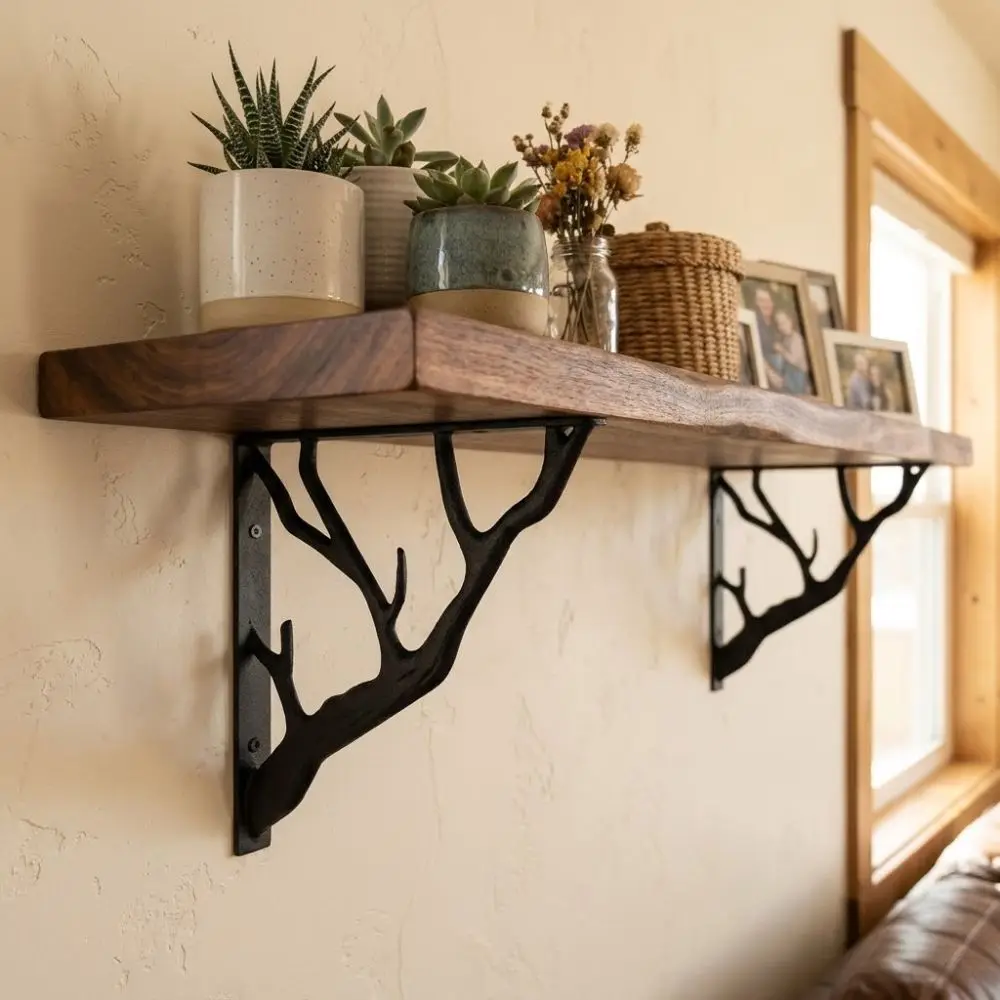 2Pcs Tree Shaped Metal Shelf Brackets Heavy-Duty Thickened L-Shaped Brackets Triangular Cast Iron Wall Mounted Brackets Garden