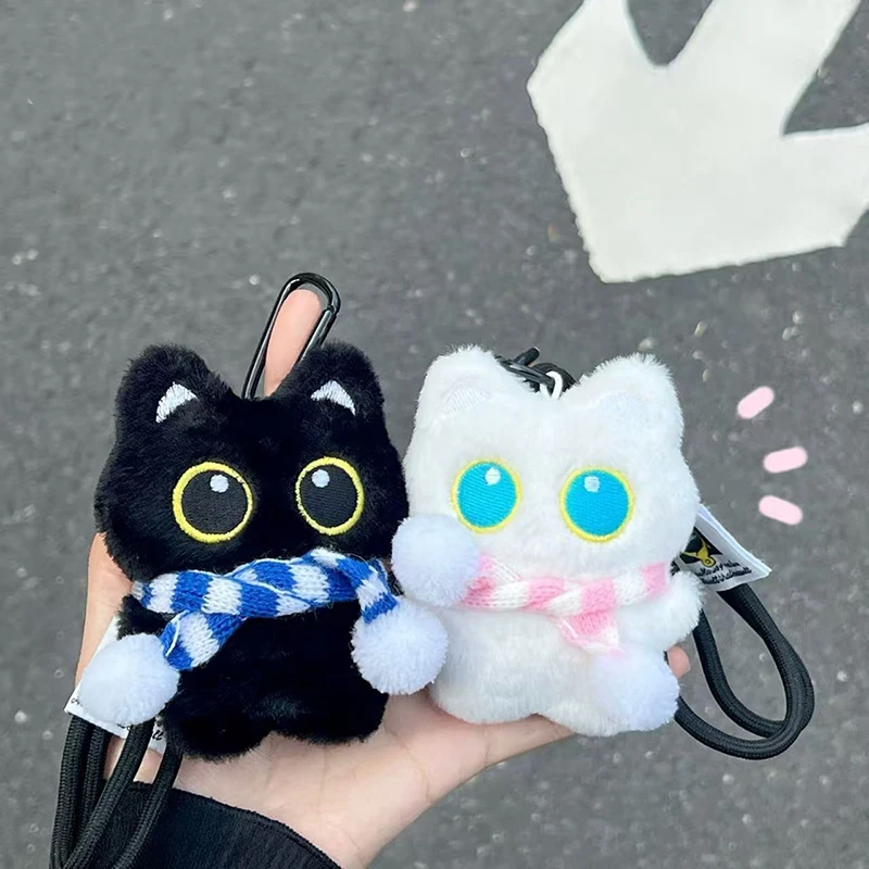 Cute Black Cat Keychain Accessories Couple Plush Backpack Hanging Pendants White Black Kitten Keyring Christmas New Year Gift