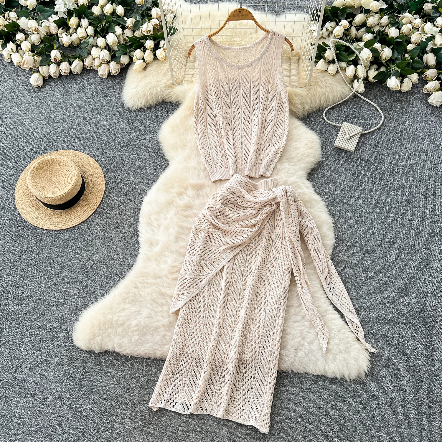 

Летний женский повседневный вязаный свитер с перспективой, комплект из трех предметов, пуловер с рукавами, топ, шаль и длинная юбка-миди, костюм