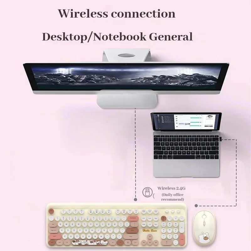 Wireless 2.4G Hello Bear Cute Round Keyboard and Mouse Set for Women Students Office Workers