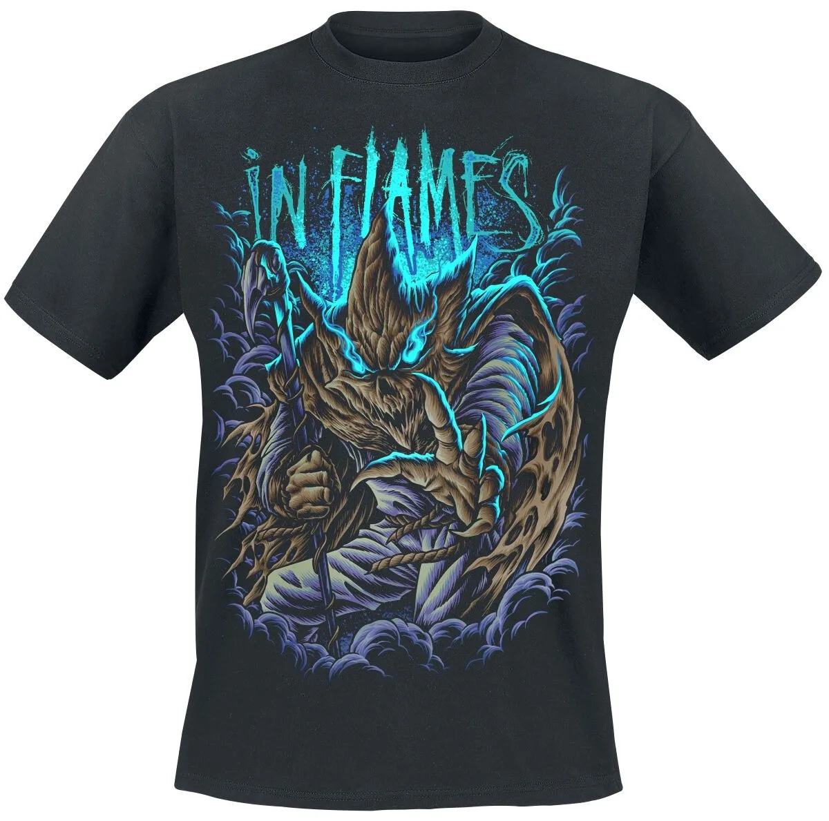 In Flames Gothic Scythe Reaper Graphic Tee, Black Metal Shirt with Purple Cloud Background & Neon Logo for Fans