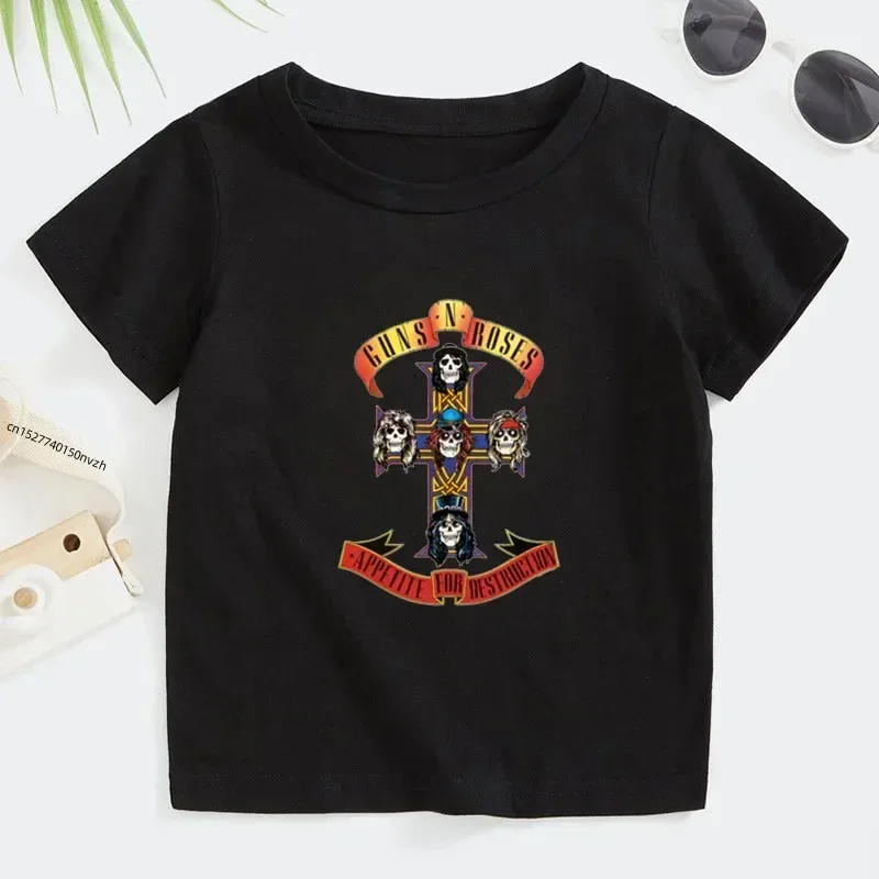 Summer 2T~14T Rock Band Gun N Roses Children\'s T Shirt Boys and Girls Kpop Music Short Sleeve Tops Kids Casual Cotton Clothes