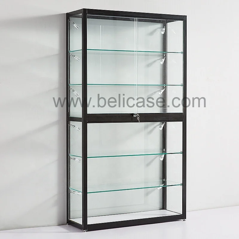 (Customized) retail glass display cabinet wig display with LED light cheap smoke shop display showcase