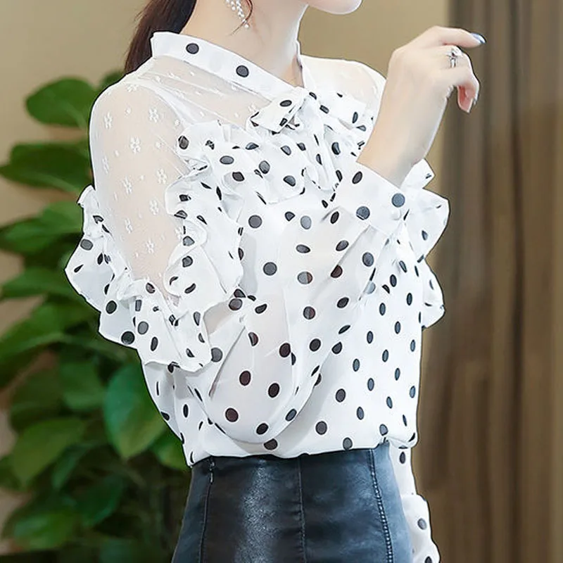 Elegant Fashion Women\'s Polka Dot Printed Lace Up Blouse Autumn Korean Casual Mesh Spliced Long Sleeve Shirt Female Clothing