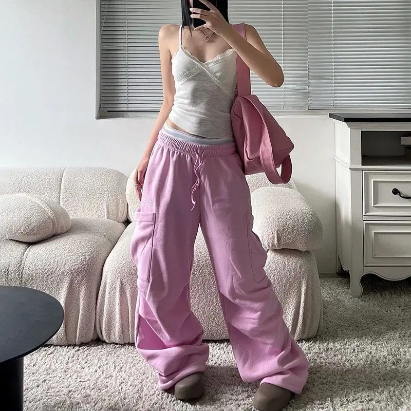 QWEEK Y2k Oversized Pink Sweatpants Woman America Baggy Casual Sports Cargo Pants Jogging Harajuku Hip Hop Wide Leg Trousers