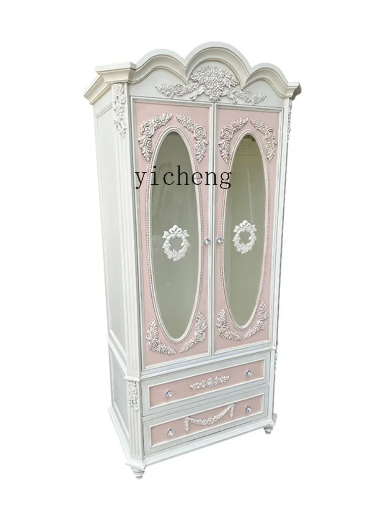 TQH retro carved solid wood wardrobe children princess bedroom drawer locker double door clothing cabinet