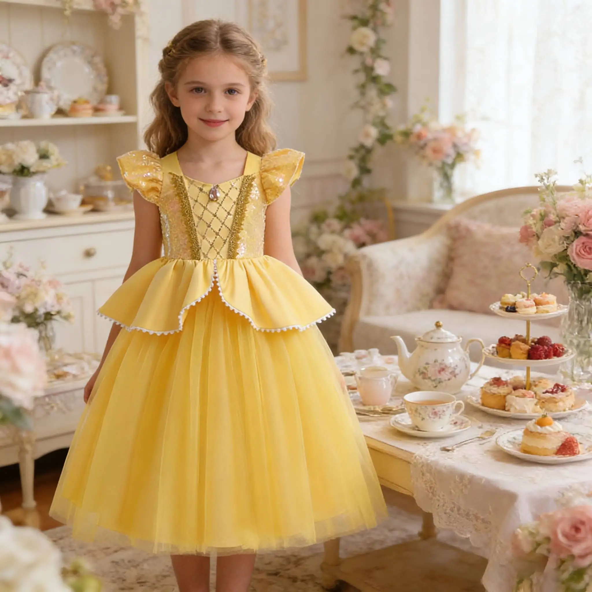 

Kids Yellow Sequin Dress with Layered Tulle Skirt for Pageant Wedding Princess party Flower Girl Everyday Dress Up