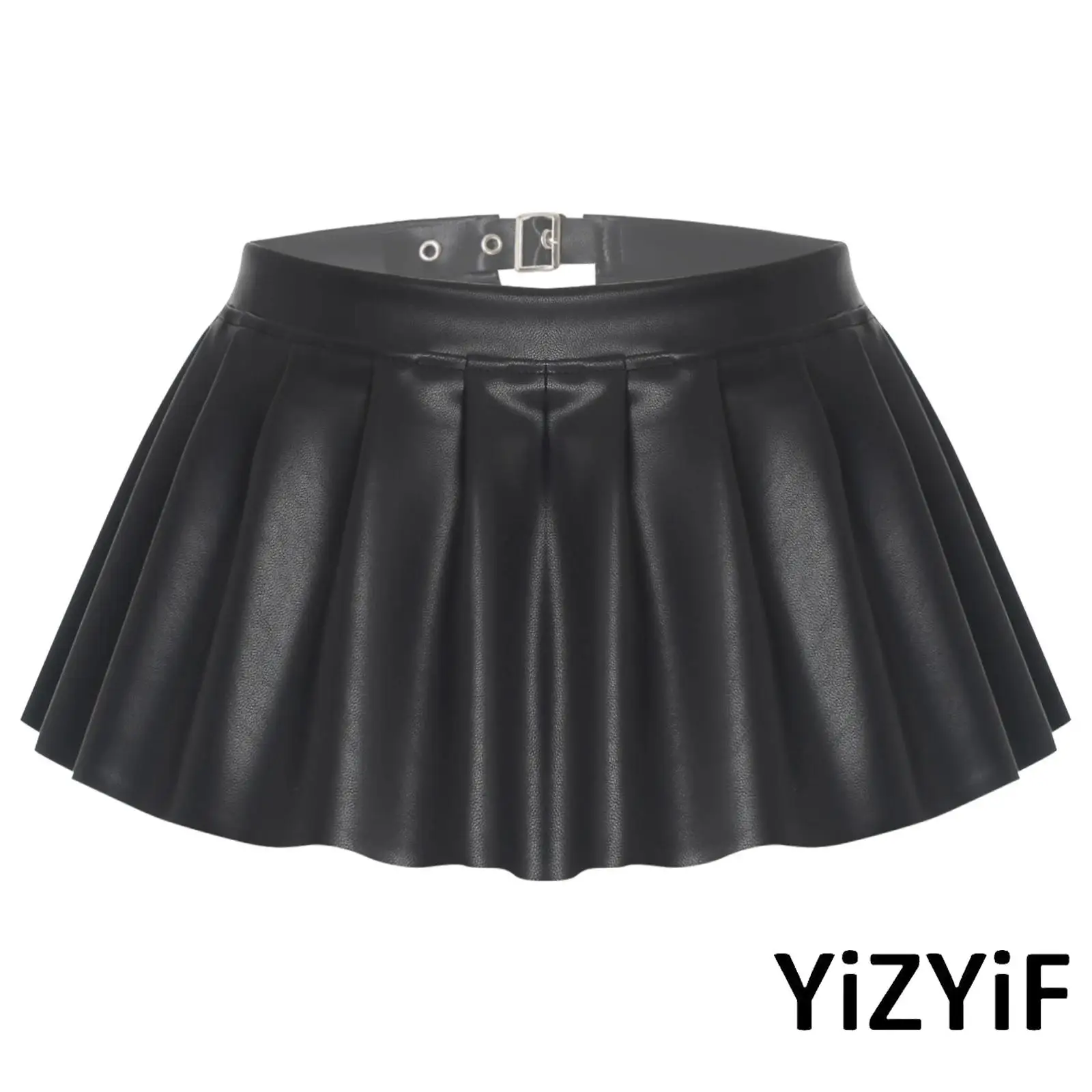 

Women Night Club Costume Leather Mini Skirt Belt Low Waist Pleated Skirt Side Slit Rave Party Dancing Clubwear Hot Streetwear