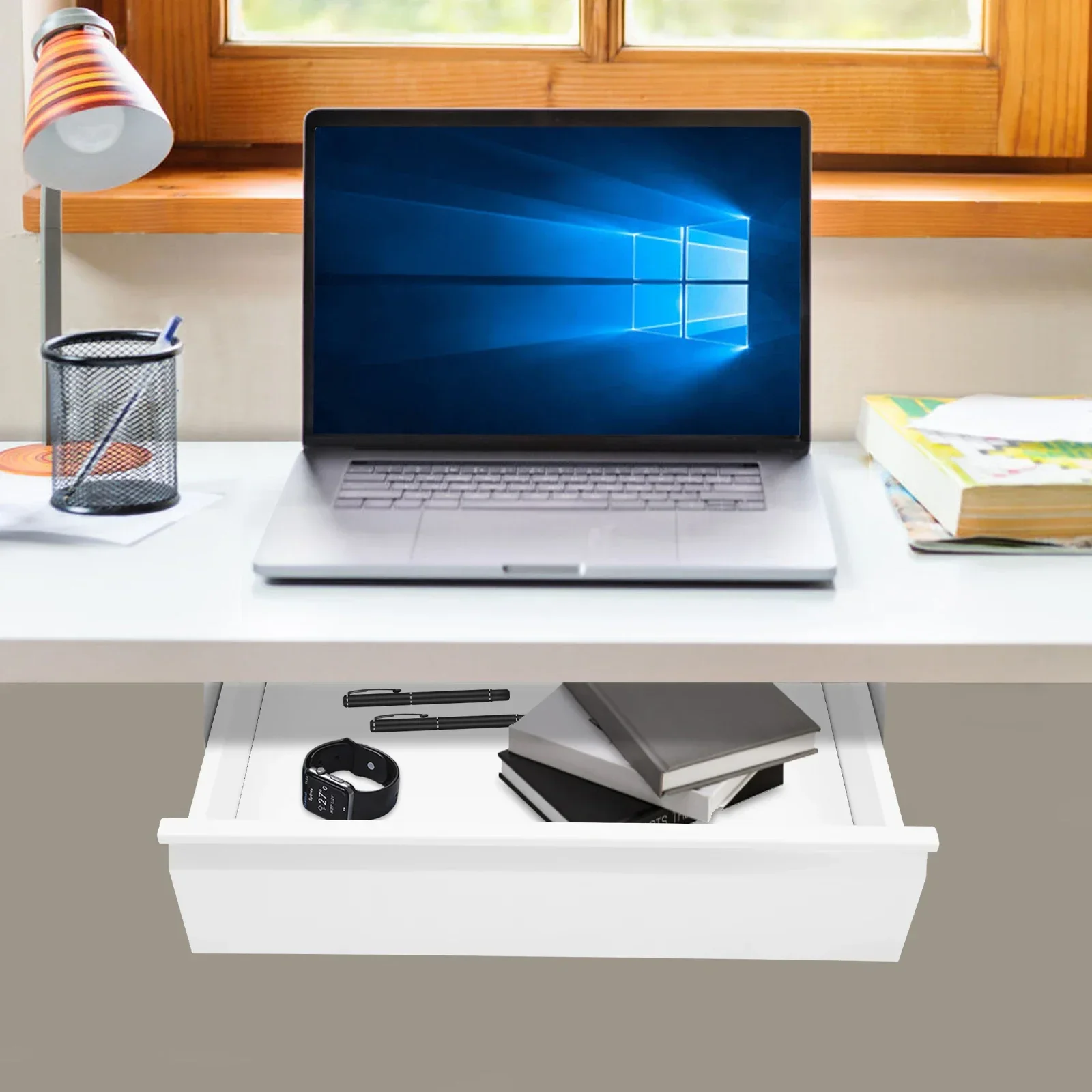

BYMAOCAR 16-inch Under-Desk Pull-Out Drawer, Office Desk Accessory, Slide-Out Drawer for Under Desk (White, 16 Inches)