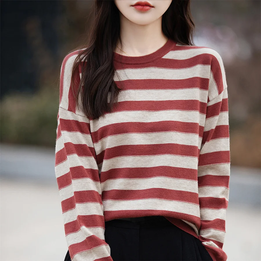 O-Neck Stripe Pullovers for Women Spring Summer Long Sleeve Casual Cotton Soft Thin Sweater T Shirt Girl Korea Fashion Tops