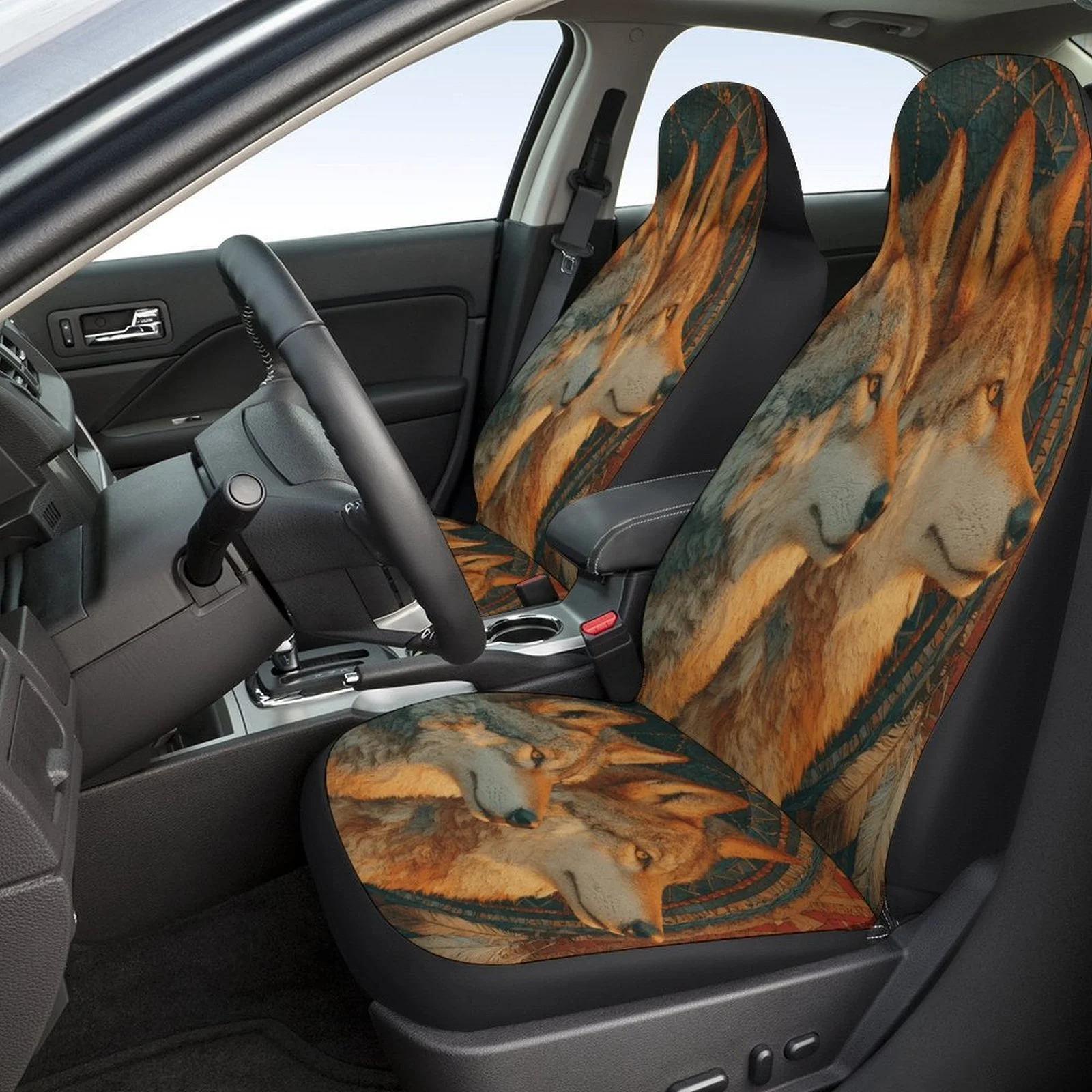 Set Of Car Seat Covers Featuring Wolf Retro Designs, Suitable For A Variety Of Vehicles. Stylish And Durable, This Complete Set