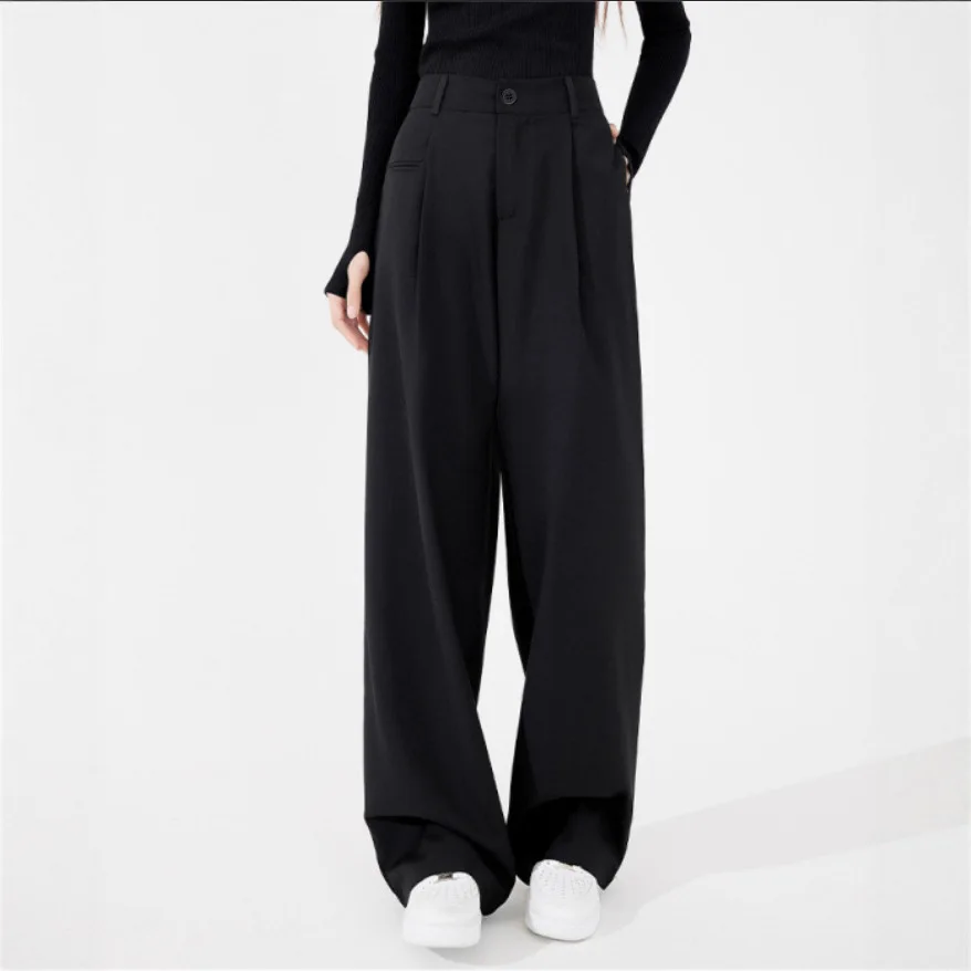 2025年新作通勤レトロブラックハイウエスト細身スーツストレートドレープモップワイドレッグヨーロッパとアメリカ