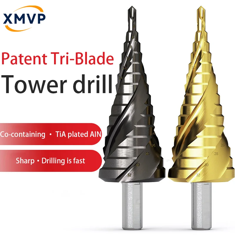 

Tower drill bit with three blades containing cobalt. Multi-functional metal conical reaming tool. Stainless steel and aluminum a