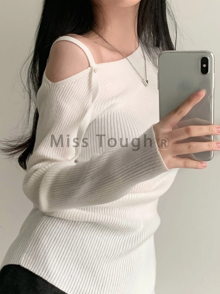 Casual Open Vork Onregelmatige Lange Mouwen Gebreide Dames Ontwerp Off Shoulder Ruches Slanke Tops Vrouwelijke Koreaanse Elegante Strappy Solide Top