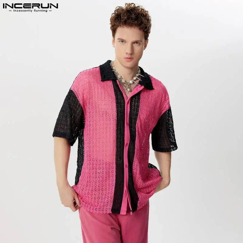 INCERUN Tops 2024 American Style New Men Spliced Contrast Hollow Knitted Shirts Fashion Clubwear Male Short Sleeved Blouse S-5XL