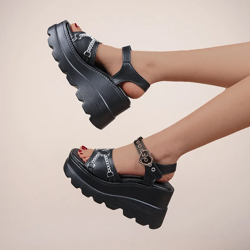 35-42 Plus Size Fashion Slope Heel Women Metal Chain Decoration Sandals Female Platform Buckle Shoes Women's Sandals Tide Shoes