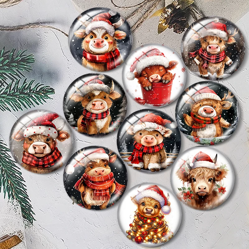 Christmas Highland Cow 12mm/18mm/20mm/25mm Round photo glass cabochon flat back Making findings keychain