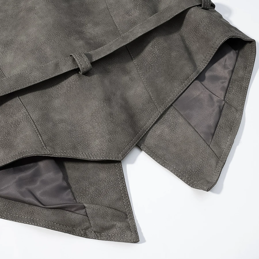 جديد الخريف Vintage المرأة غسل رمادي بولي Leather سترة جلدية التلبيب طوق التعادل القوس الزنانير زر واحد كم كامل معطف ملابس خارجية قصيرة