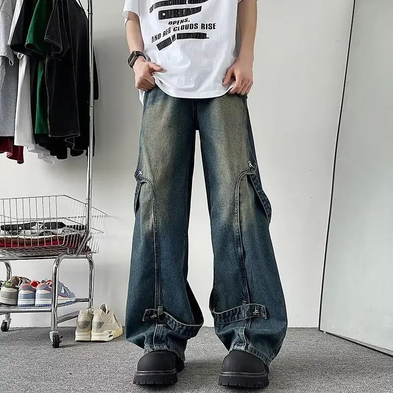 American Spring and Autumn Street Men and Women Trendy Washed Straight Tube Deconstructed Jeans Couple Loose Retro Casual Pants