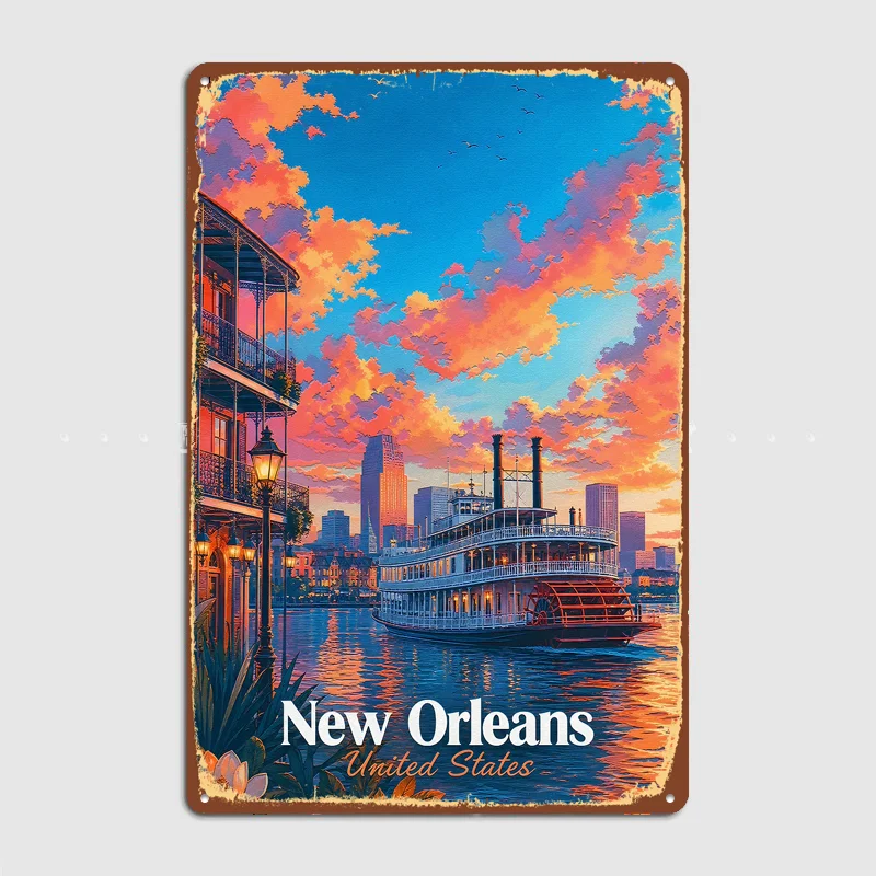 Home Decor New Orleans - New Orleans Steamboat Sunset Reisposter Metalen