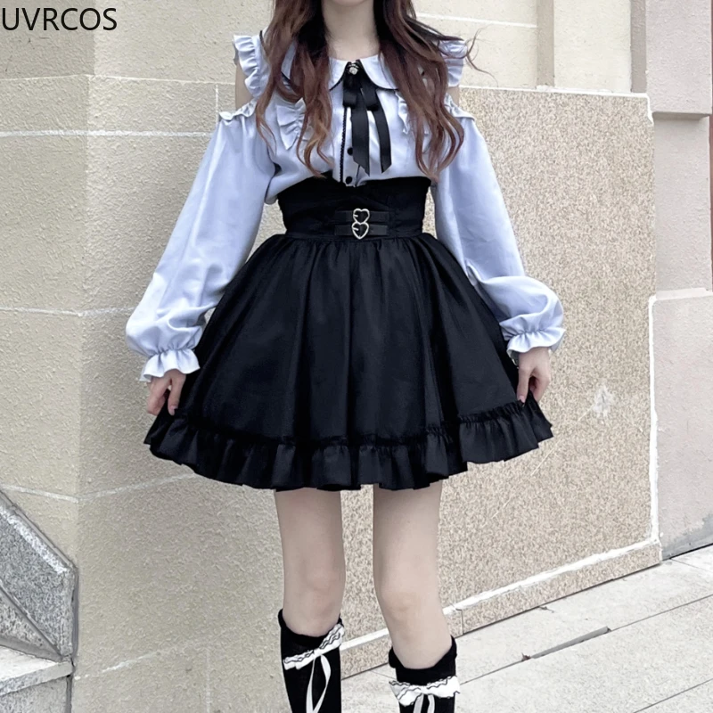 Japanese Gothic Lolita JK Skirt Sets Women Kawii Peter Pan Collar Off Shoulder Shirts Mini Skirts Harajuku Y2k School Girls Suit