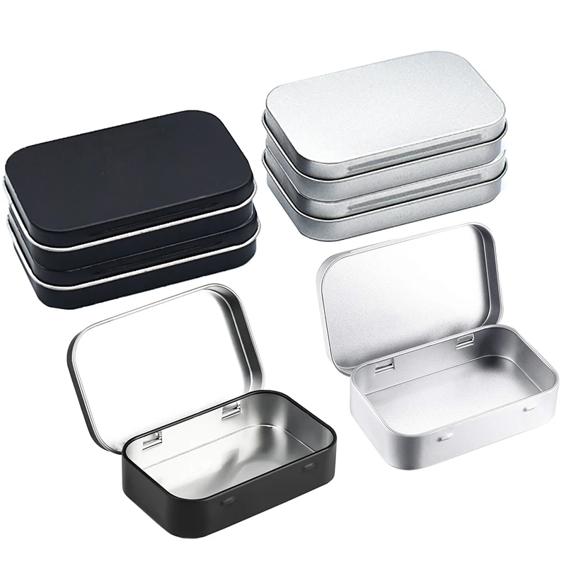 Portable Metal Rectangular Empty Mini Tin Box Tinplate Push Candy Pill Case Bin Jar Hinged Container Small Organizer Storage Box