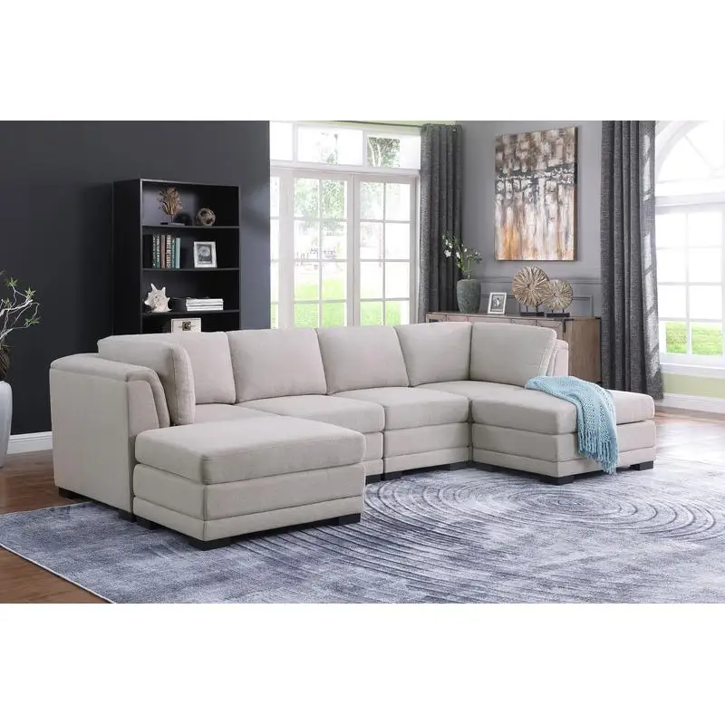

Light Gray Linen Fabric Reversible Sectional Sofa with 2 Ottomans, 121.5" Length, Comfortable Modern Living Room Furniture