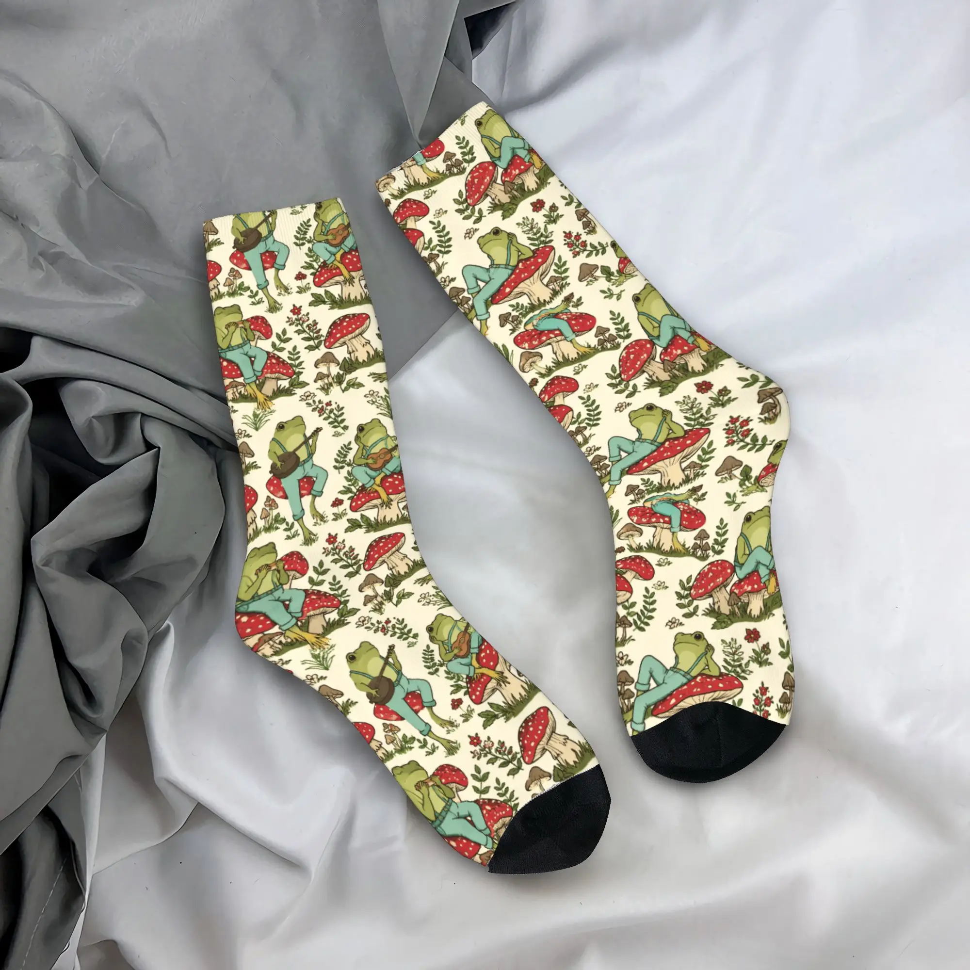 Cute Cottagecore  Frog Playing Banjo on Mushroom Stockings Funny Socks Men Warm Soft Socks Winter Sports Graphic Anti Slip Socks